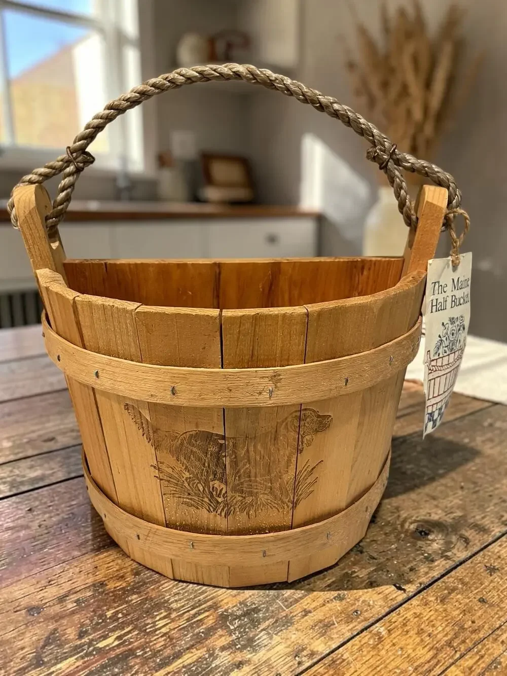 Vintage Maine Half Bucket Co Pine Wood Retriever Dog Basket Planter USA w Tag